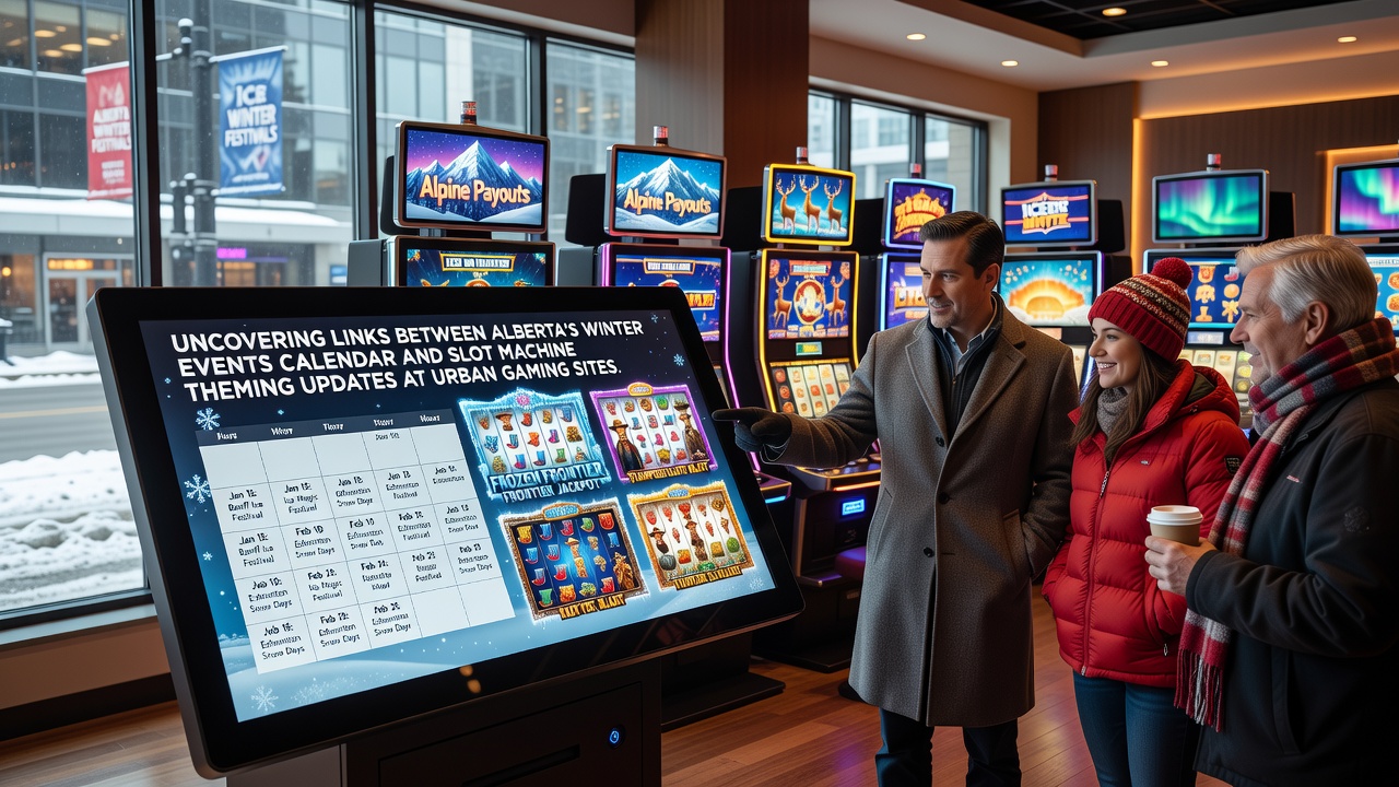 Alberta winter festival lights illuminating an urban casino entrance with slot machine displays visible through windows